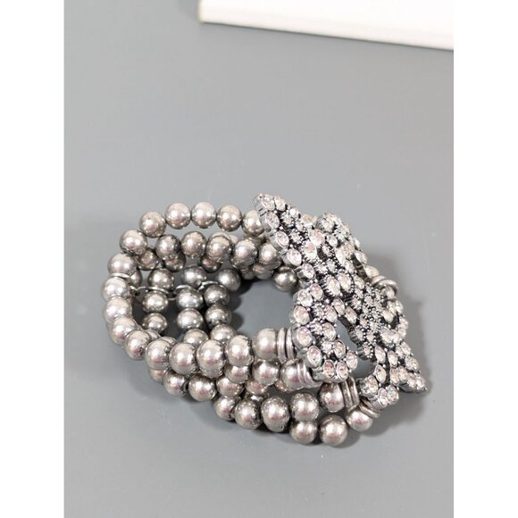 Silver Tone Fleur De Lis Rhinestone Five Row Bead Statement Bracelet 7" - Picture 3 of 7